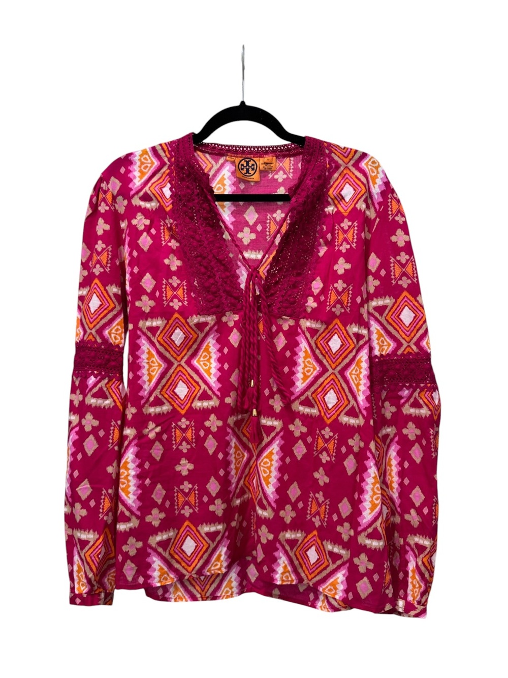Tory Burch Pink Ikat Print Lace Tassel Cotton Peasant Blouse Size 10